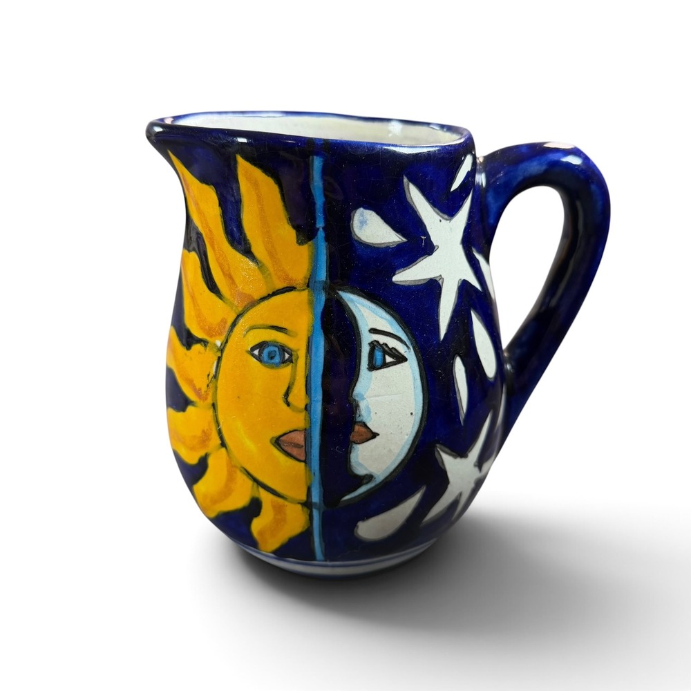 Talavera Venegas Mexico Hand Painted Sun Moon Stars Ceramic Pitcher Creamer 4.5"